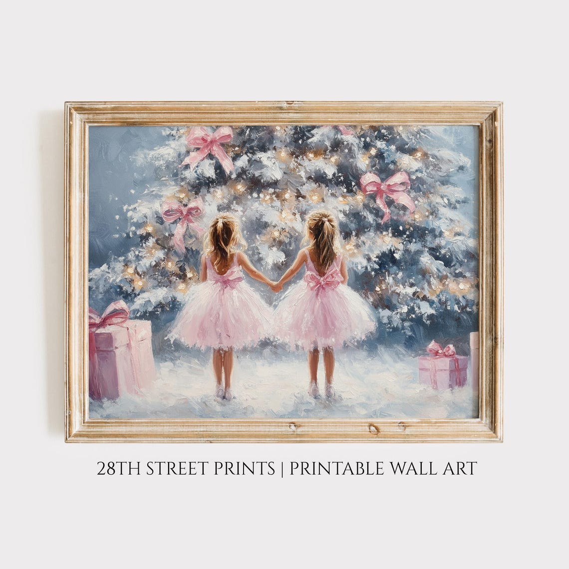 Ballerina Girls Christmas Tree Painting Two Girls Pink Bows Colorful Holiday Wall Art Festive Pink Girls Room