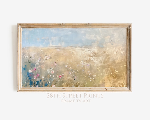 Golden Wheat Field Wildflowers Pale Blue Sky Textured Neutral Landscape Art Print