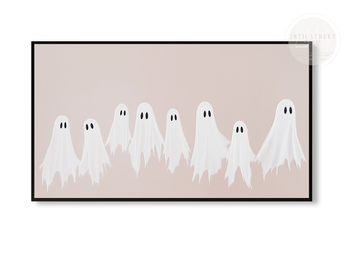 Eight Cute White Ghosts Row Neutral Beige Minimalist Halloween Painting Poster - Image 2