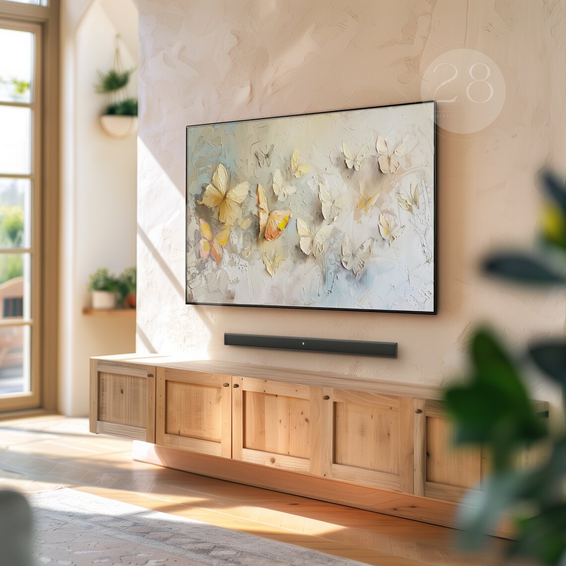 Muted Cream Butterflies Textured Beige Background Spring Painting Art Print - Image 2