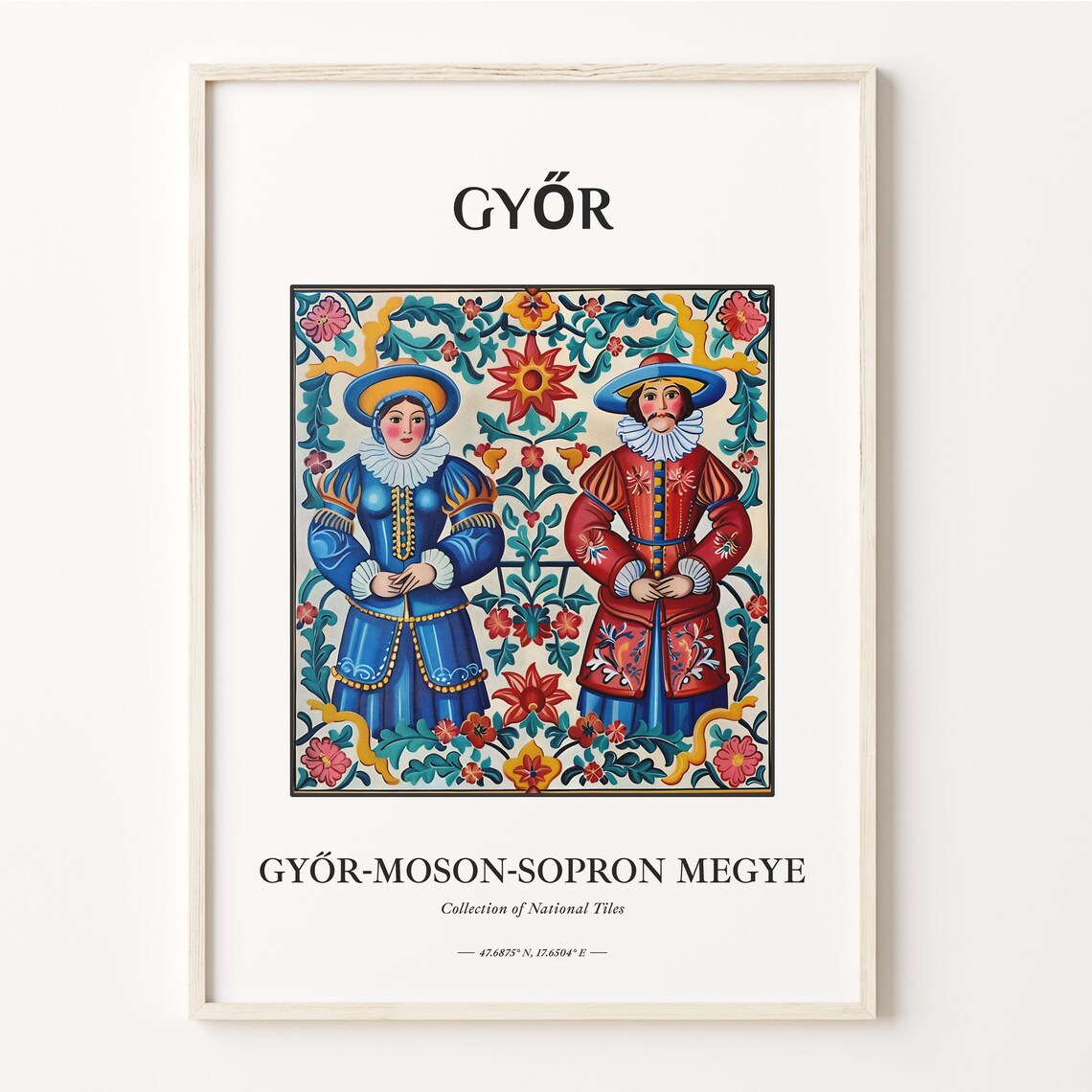 Győr Hungary Folk Costume Couple Floral Traditional Tile Poster