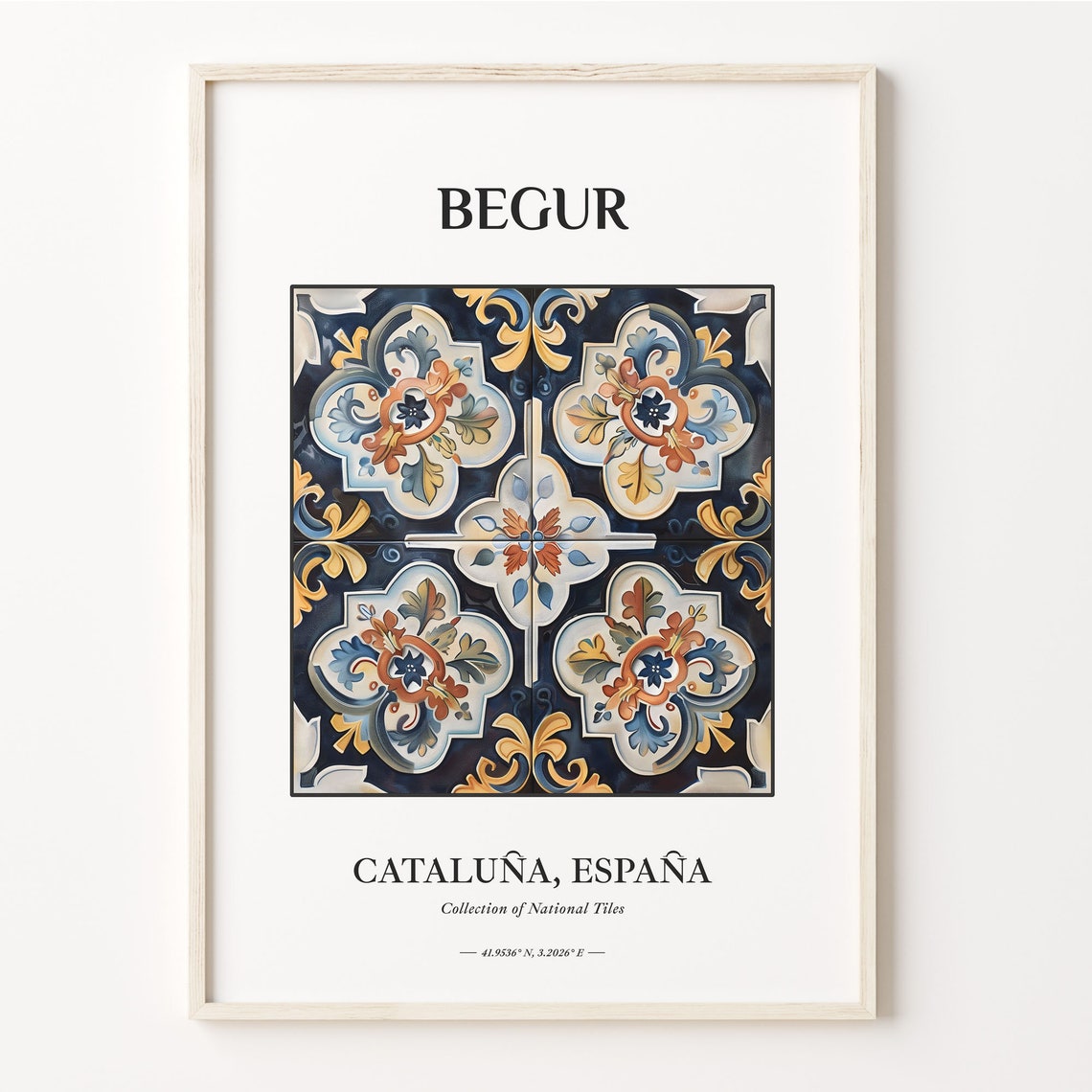 Begur Cataluna Espana Navy Blue Floral Quatrefoil Tile Art Poster