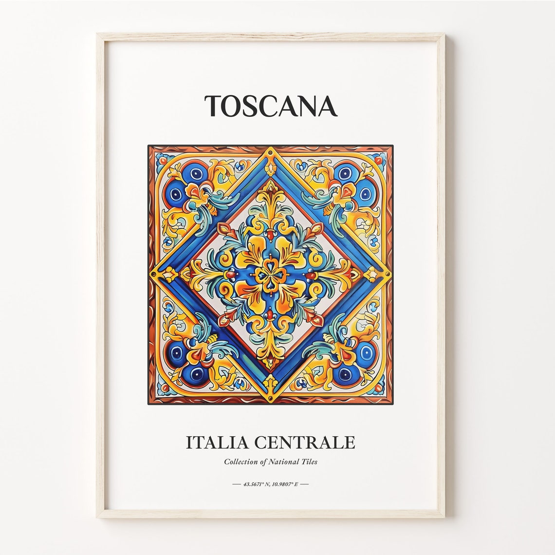 Toscana Central Italy Diamond Frame Blue Gold Tile Decor Poster