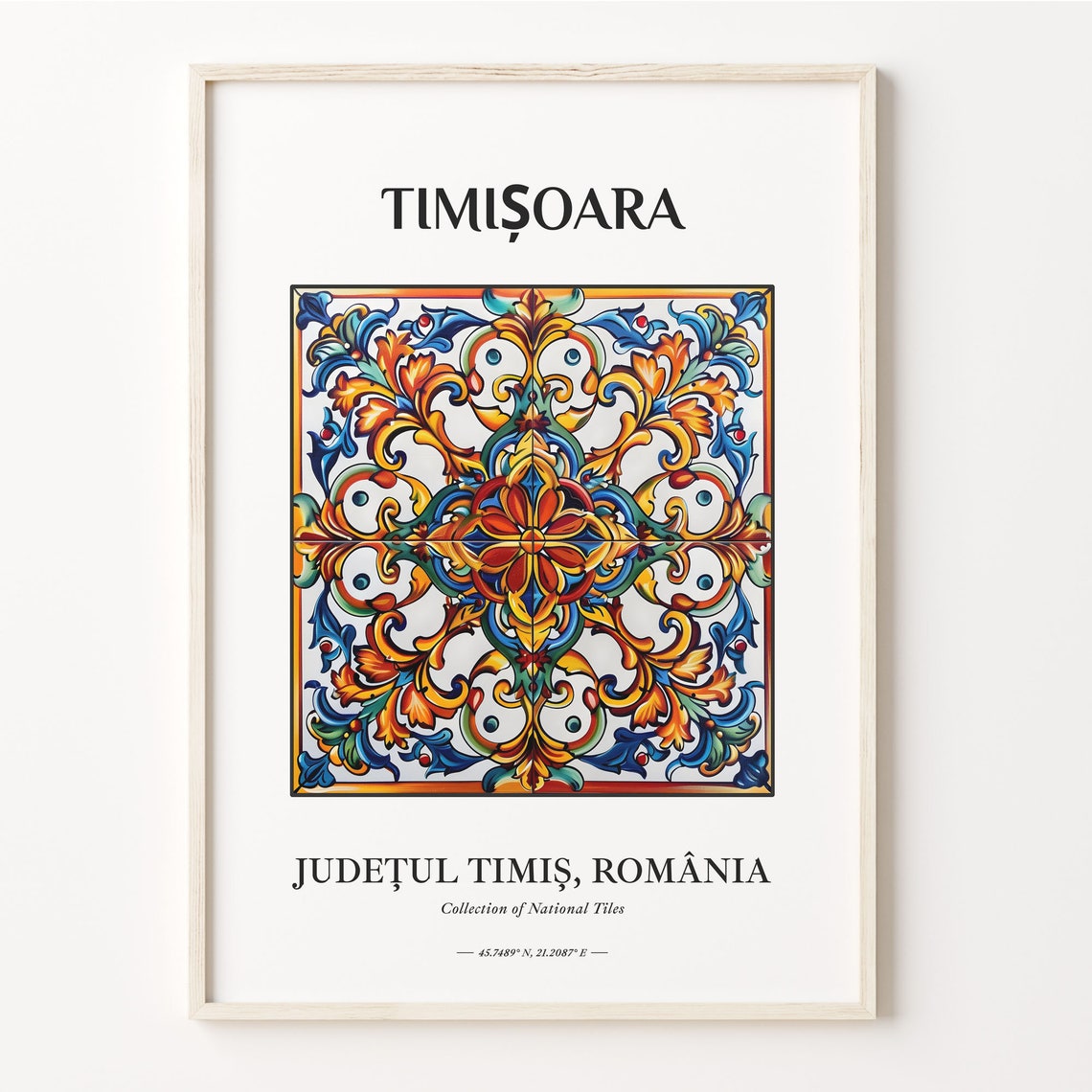 Timisoara Romania Orange Blue Floral Tile Art Folk Pattern Poster