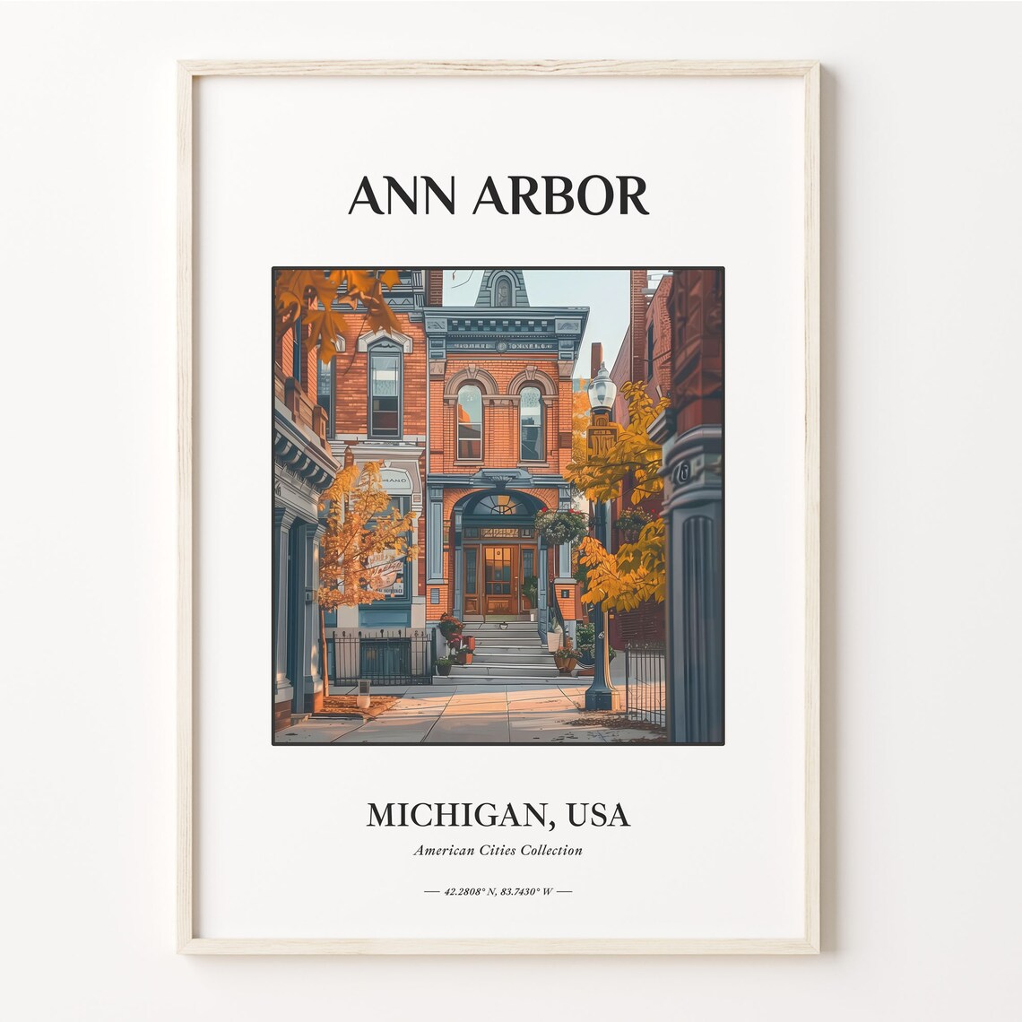 Ann Arbor Michigan Autumn Brick Street City Art Travel Poster