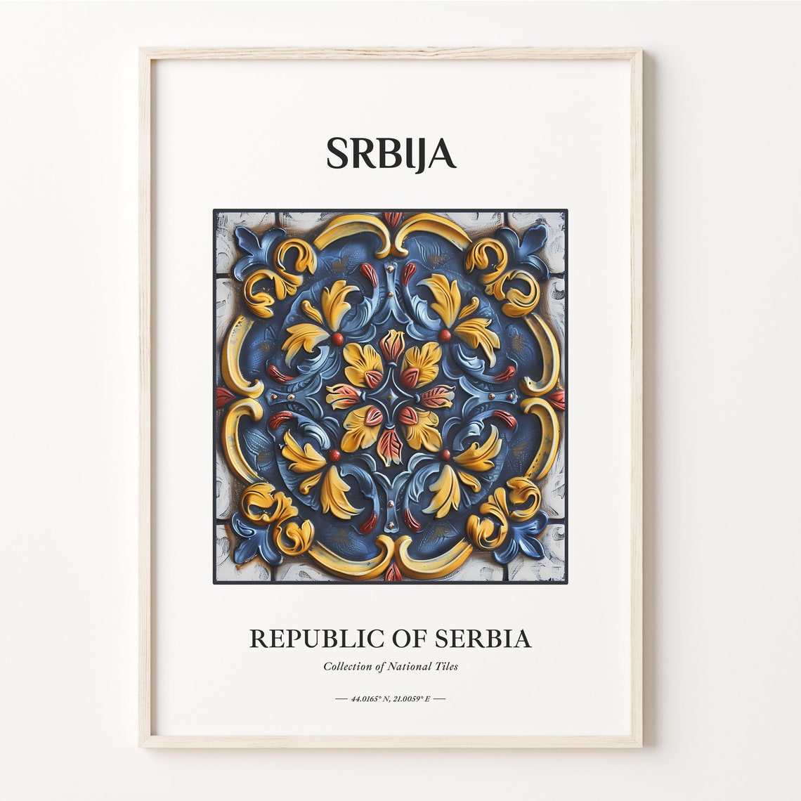 Srbija Serbia Slate Blue Gold Acanthus Scroll Tile Artwork Poster