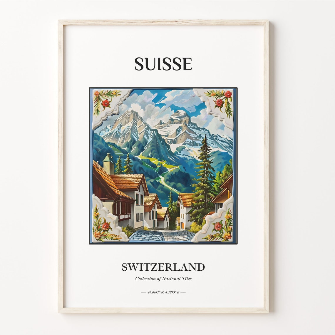 Suisse Switzerland Alpine Village Tile Art Chalets Peaks Poster