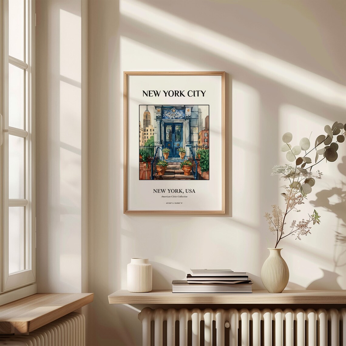 New York City Brownstone Blue Door Watercolor Travel Wall Poster - Image 3