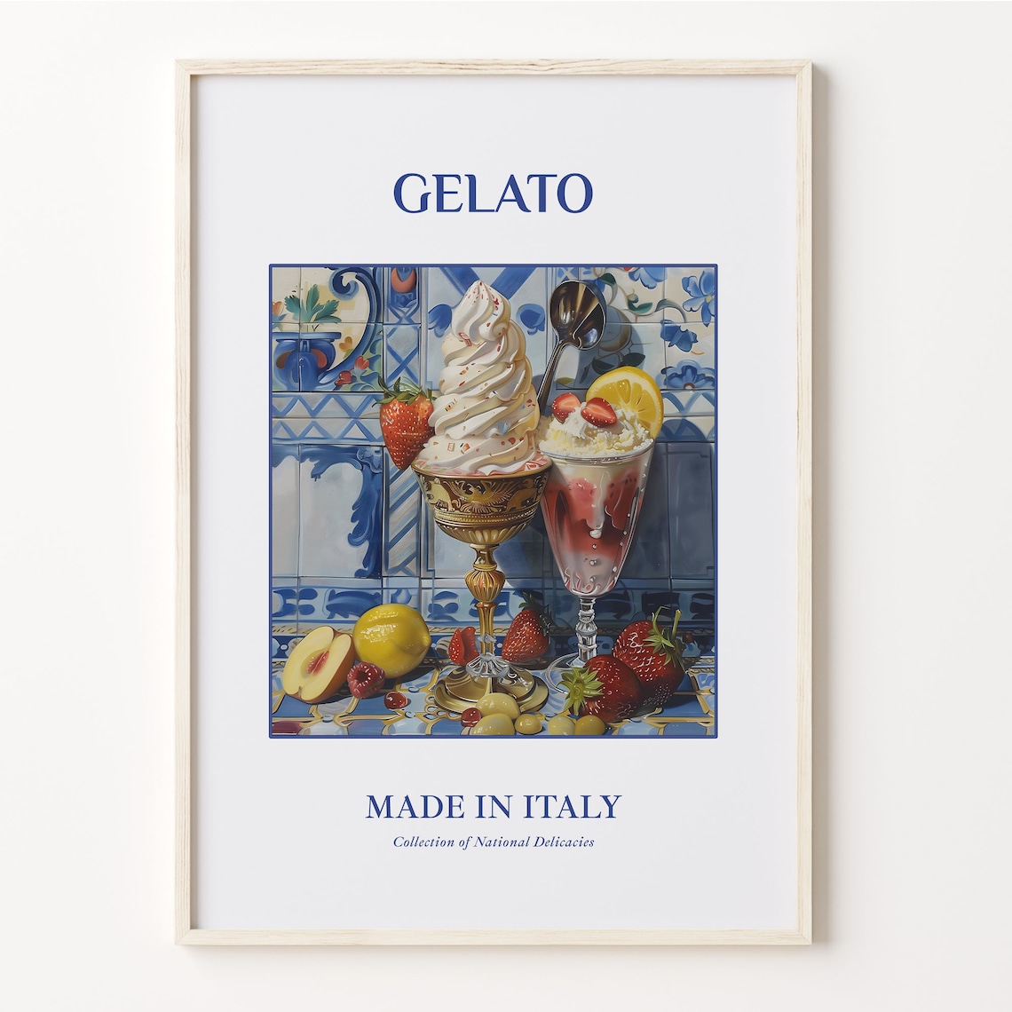 Italian Gelato Sundae Strawberries Blue Tile Vintage Kitchen Poster