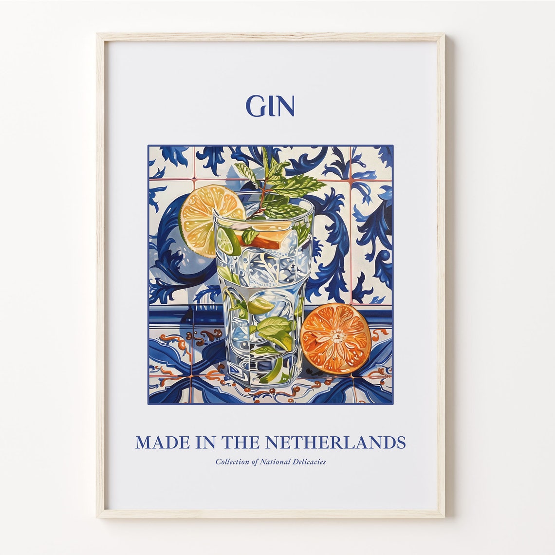 Dutch Gin Cocktail Citrus Mint Delft Blue Tile Bar Wall Poster
