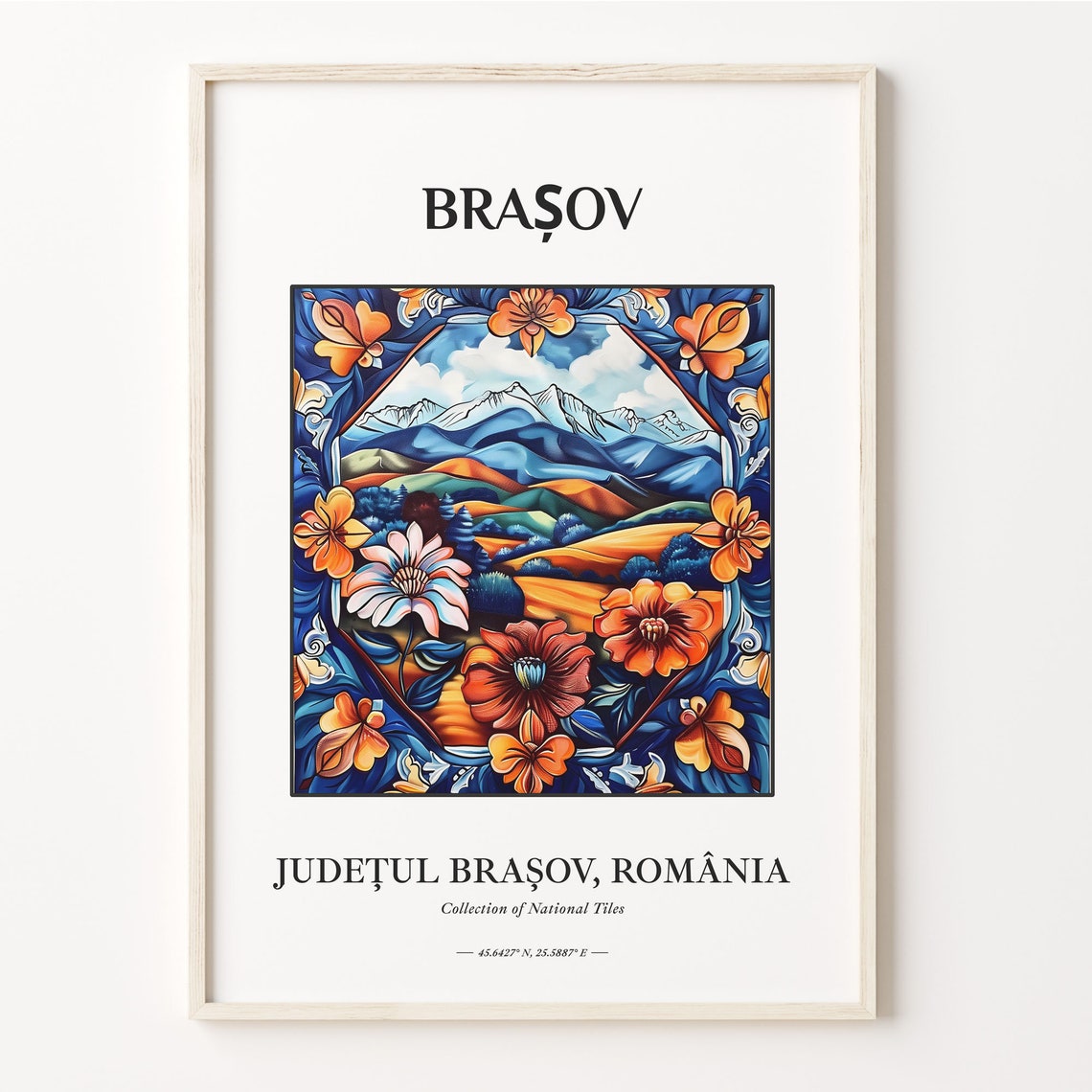 Brasov Romania Carpathian Mountain Folk Tile Art Floral Poster