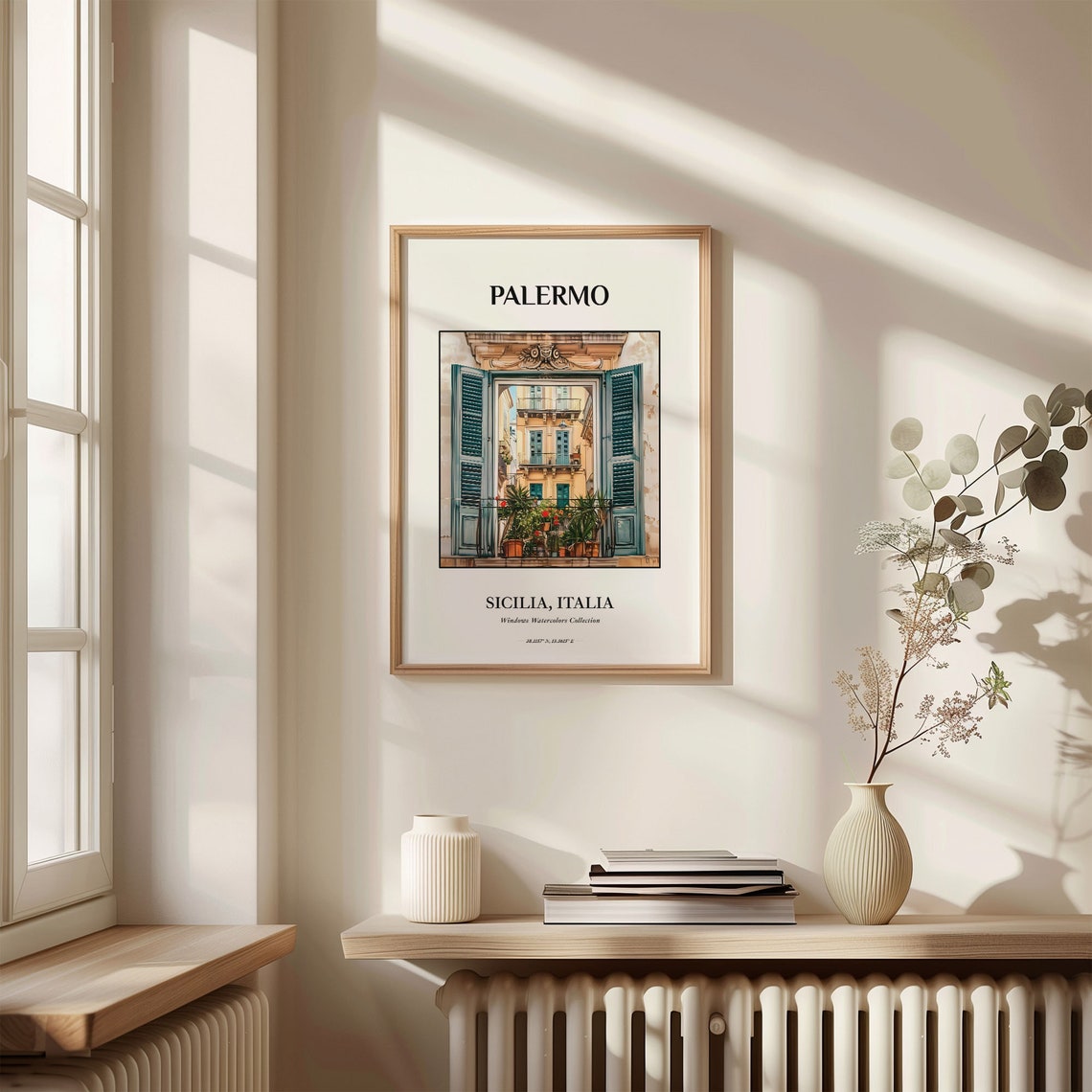 Palermo Italy Watercolor Window Teal Shutters Balcony Art Poster - Image 3