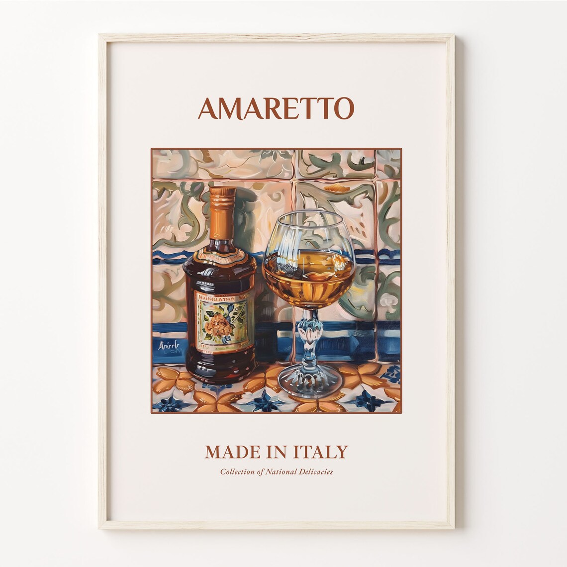 Amaretto Italian Almond Liqueur Bottle Maiolica Bar Wall Poster