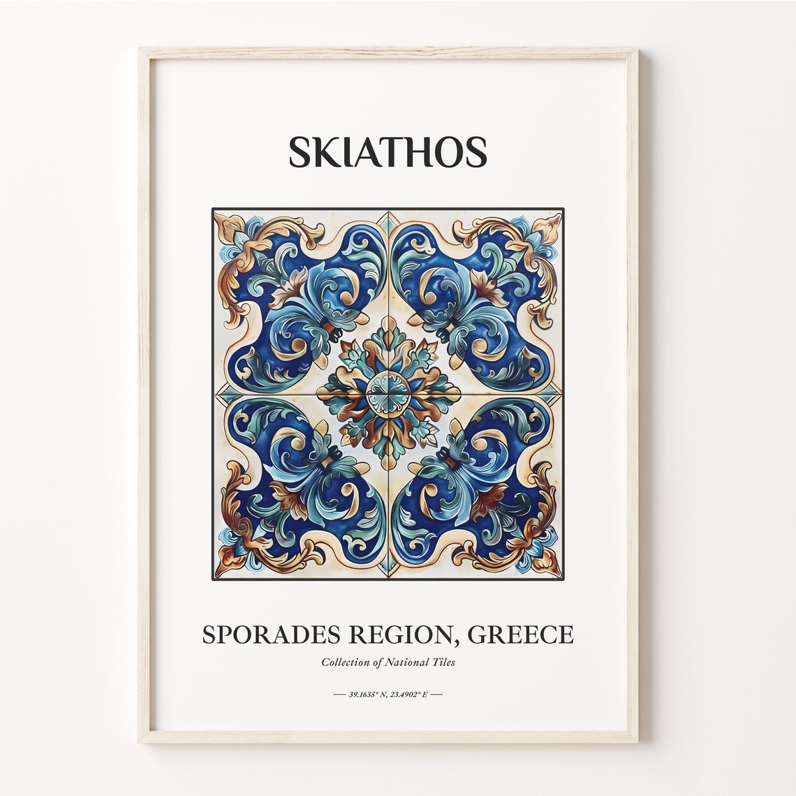 Skiathos Greece Blue Ceramic Tile Pattern Aesthetic Home Decor Poster