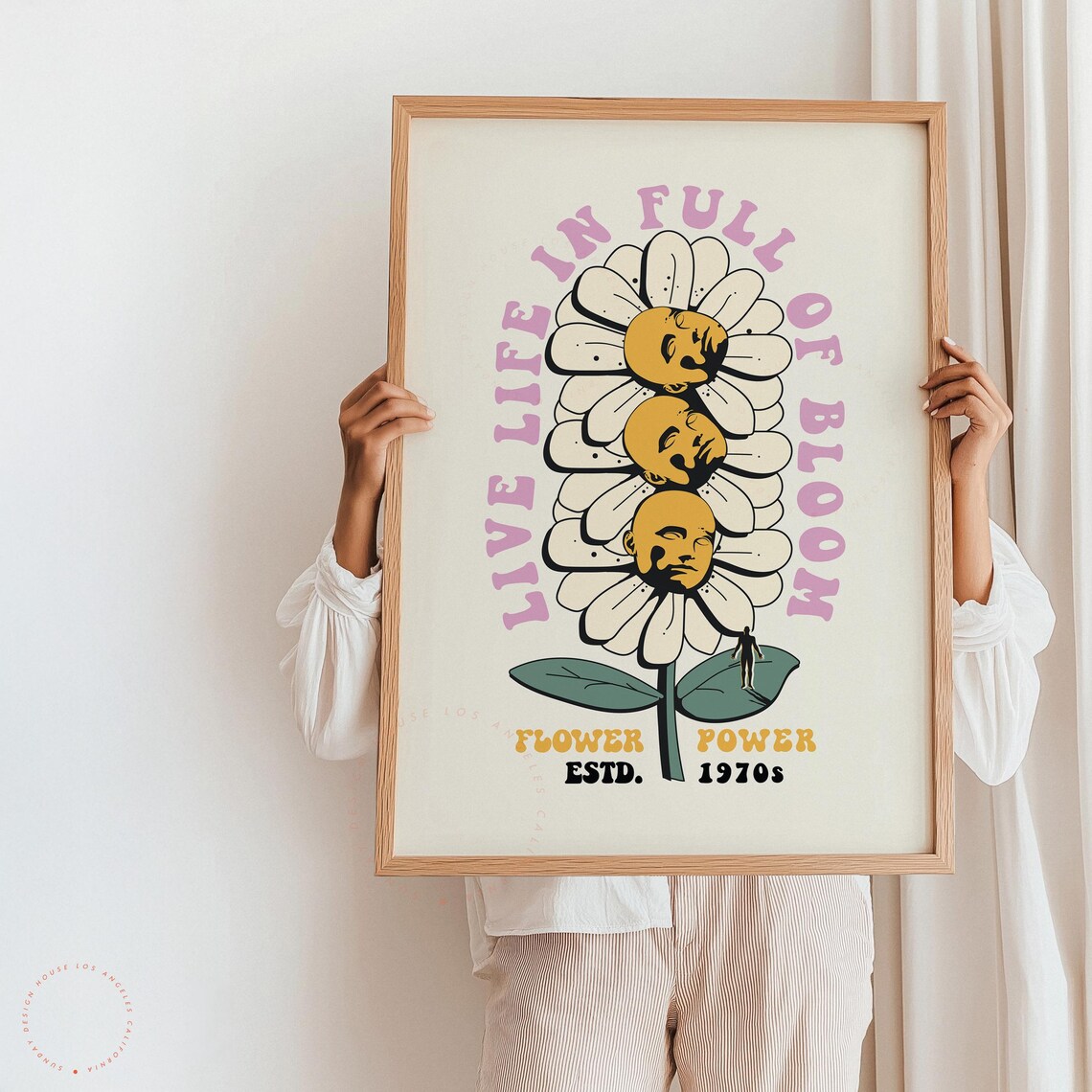 Live Life in Full of Bloom Daisy Flower Power 70s Retro Style Poster