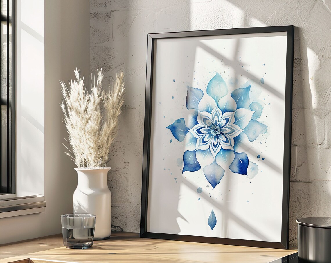 Blue Watercolor Mandala Flower Symmetric Zen Yoga Decor Poster