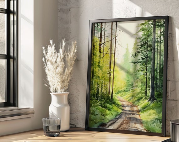 Forest Road Painting Wall Art Poster Gift Watercolor Colorful Painting Illustration Nature Minimalist Decor Farm House Print