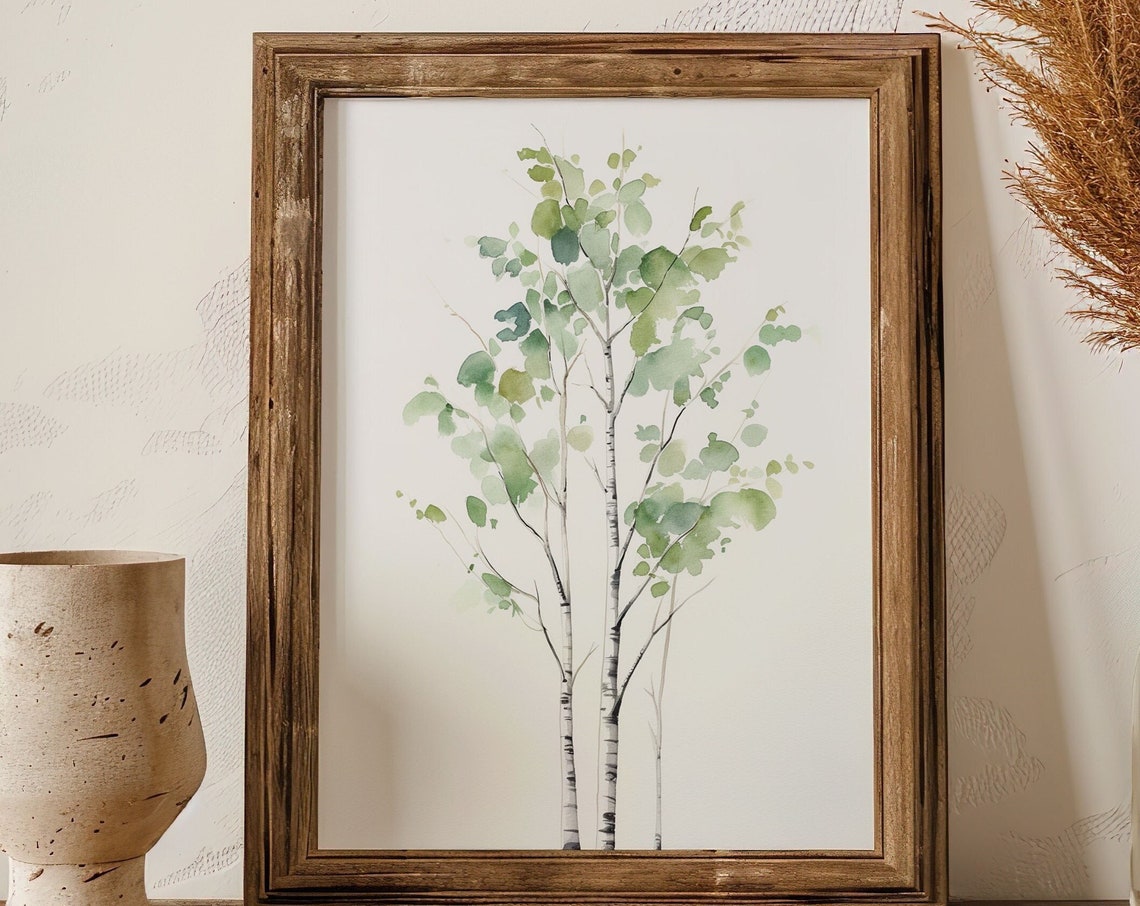 Green Birch Tree Watercolor Minimalist Spring Nature Art Poster - Image 5