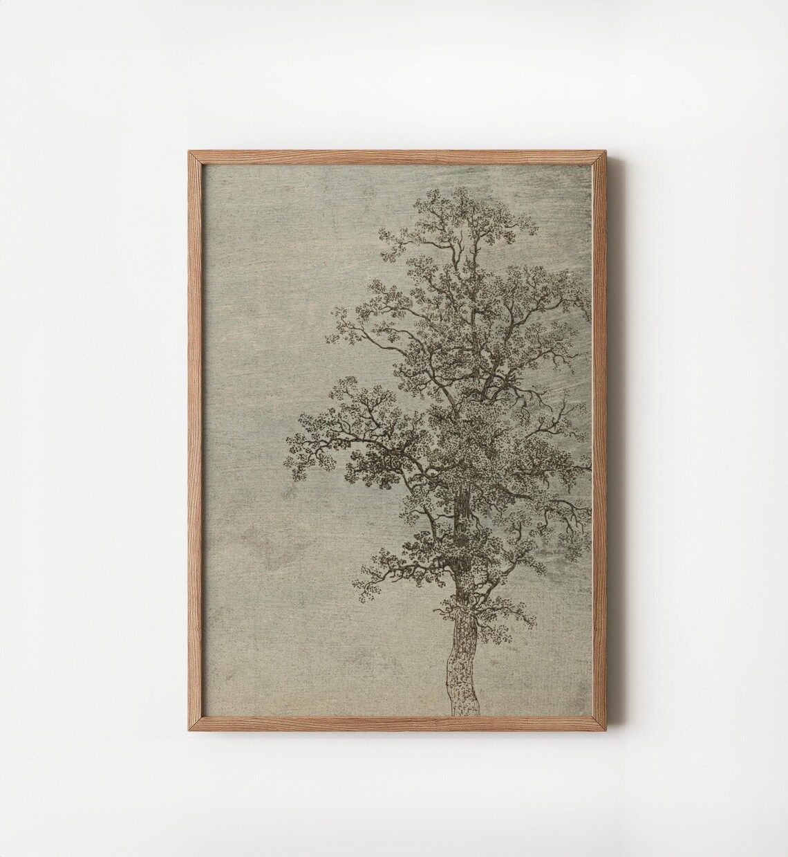 Vintage Sage Green Muted Tree Drawing Landscape Art - Image 2