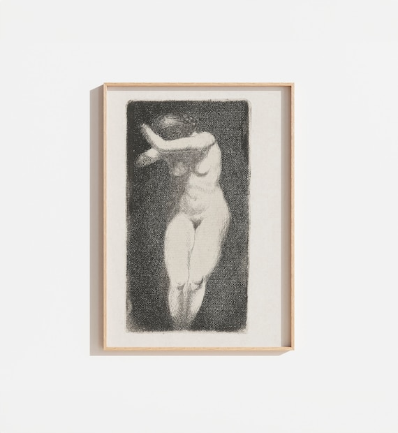 Antique Black White Etching Standing Nude Woman Classical Poster