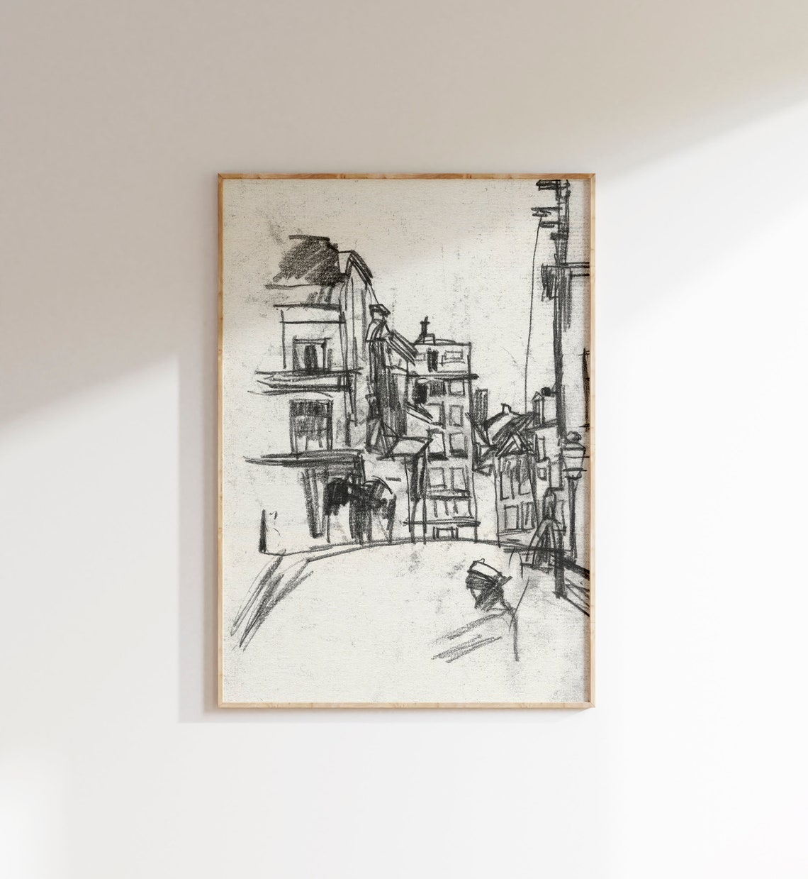 Vintage Black Ink City Street Sketch Abstract Line Drawing Wall Art - Image 2