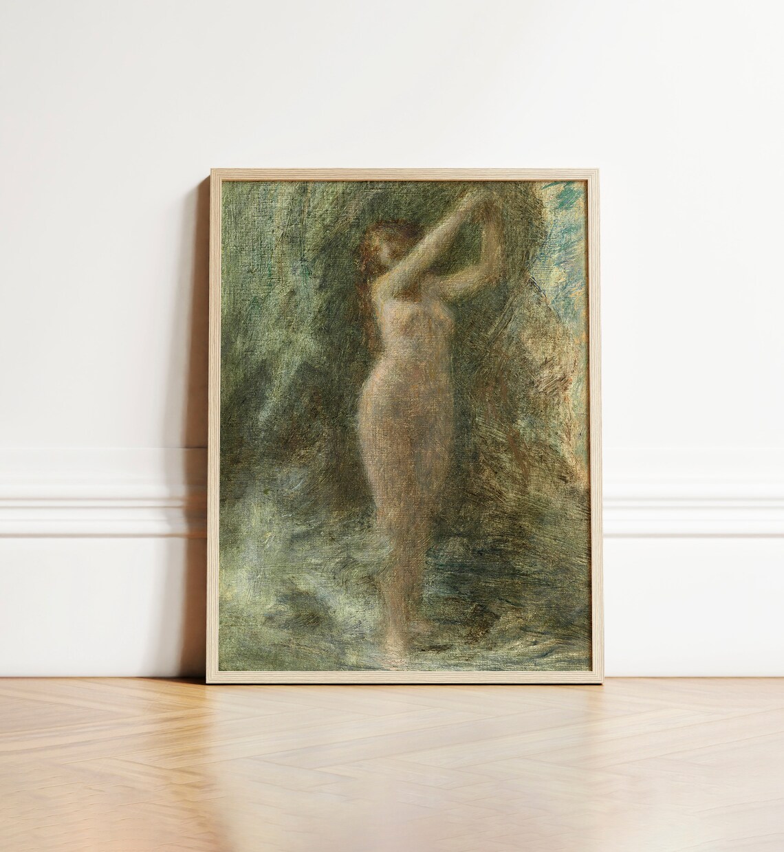 Green Tones Standing Nude Woman Impressionist Antique Painting Wall Art - Image 5