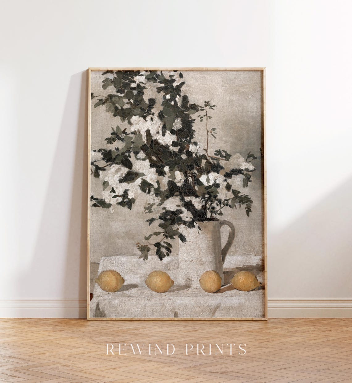 Vintage Still Life Painting Lemons White Pitcher Blossoms Wall Art - Image 4