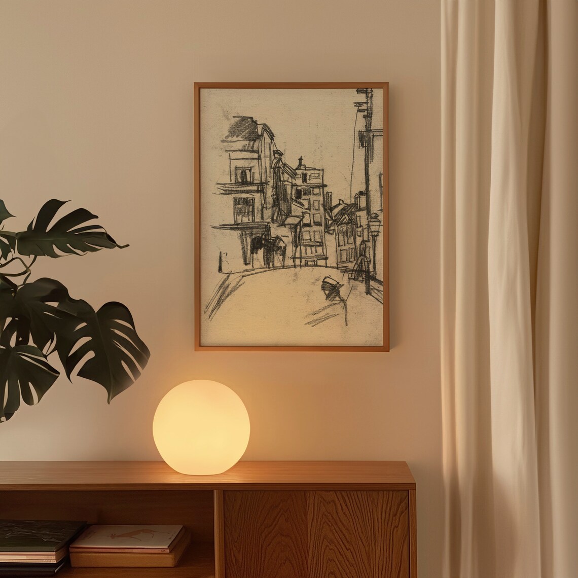 Vintage Black Ink City Street Sketch Abstract Line Drawing Wall Art - Image 4