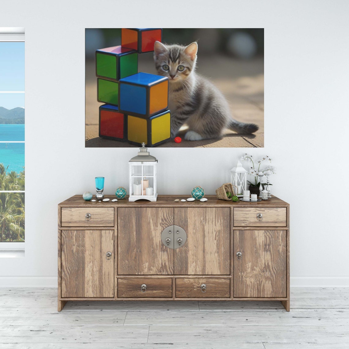 Tabby Kitten Peeking Beside Tall Stack Of Rubiks Cubes Poster - Image 2