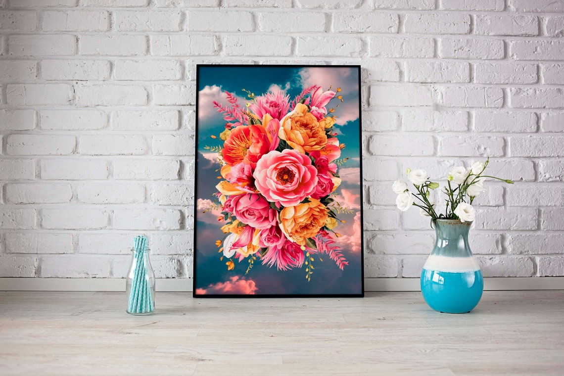 Romantic Pink Orange Rose Bouquet Cloudy Sky Floral Art Poster - Image 2