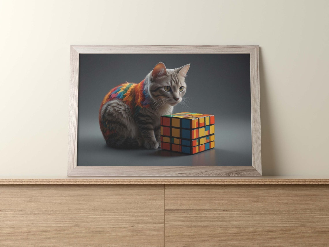 Tabby Cat In Rainbow Cube Armor Beside 4x4 Rubiks Cube Poster - Image 2