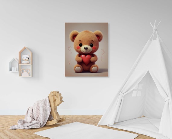 Cute Teddy Bear Holding Red Heart Kids Nursery Room Art Poster