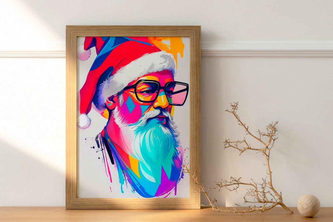 Nerdy Noel Santa With Glasses Bright Neon Pop Portrait Poster