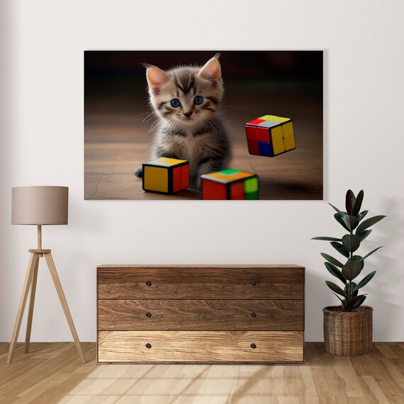 Cute Kitten Playing With Floating Puzzle Cubes Funny Cat Poster