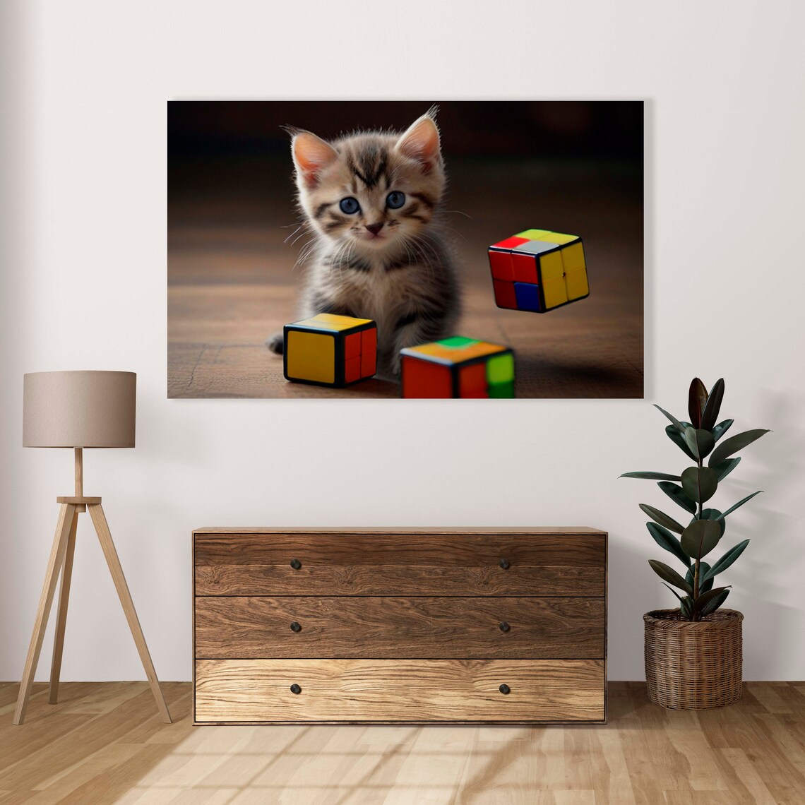 Cute Kitten Playing With Cubes Poster Set Of 1 Image Home Art Decoration Realistic Kitten Illustration