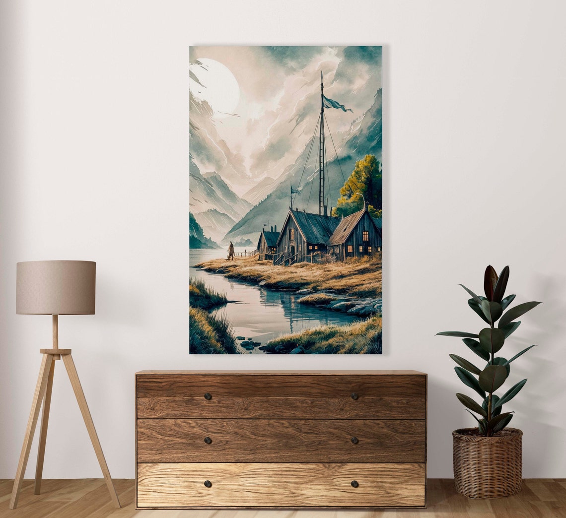 Rustic Fishing Cabins on a Misty Mountain Lake Watercolor Poster