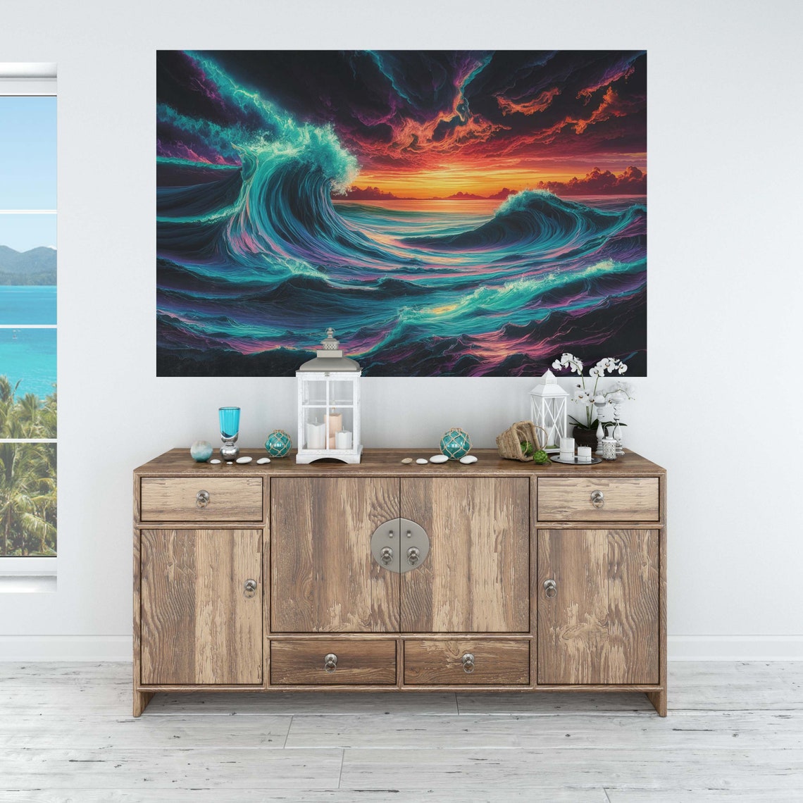 Neon Teal Purple Waves Orange Sunset Horizon Ocean Art Poster - Image 2