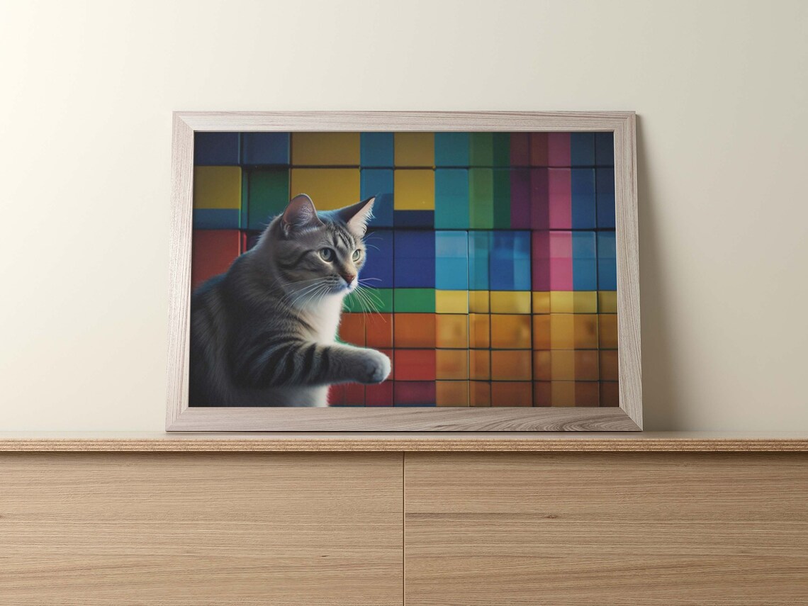 Friendly Grey Tabby Cat Reaching Out Against a Rainbow Cube Wall Poster - Image 2