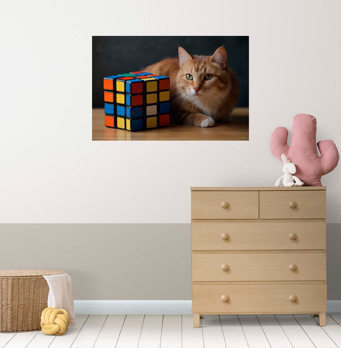 Green Eyed Orange Tabby Cat Lounging With A 4x4 Rubiks Cube Poster - Image 2