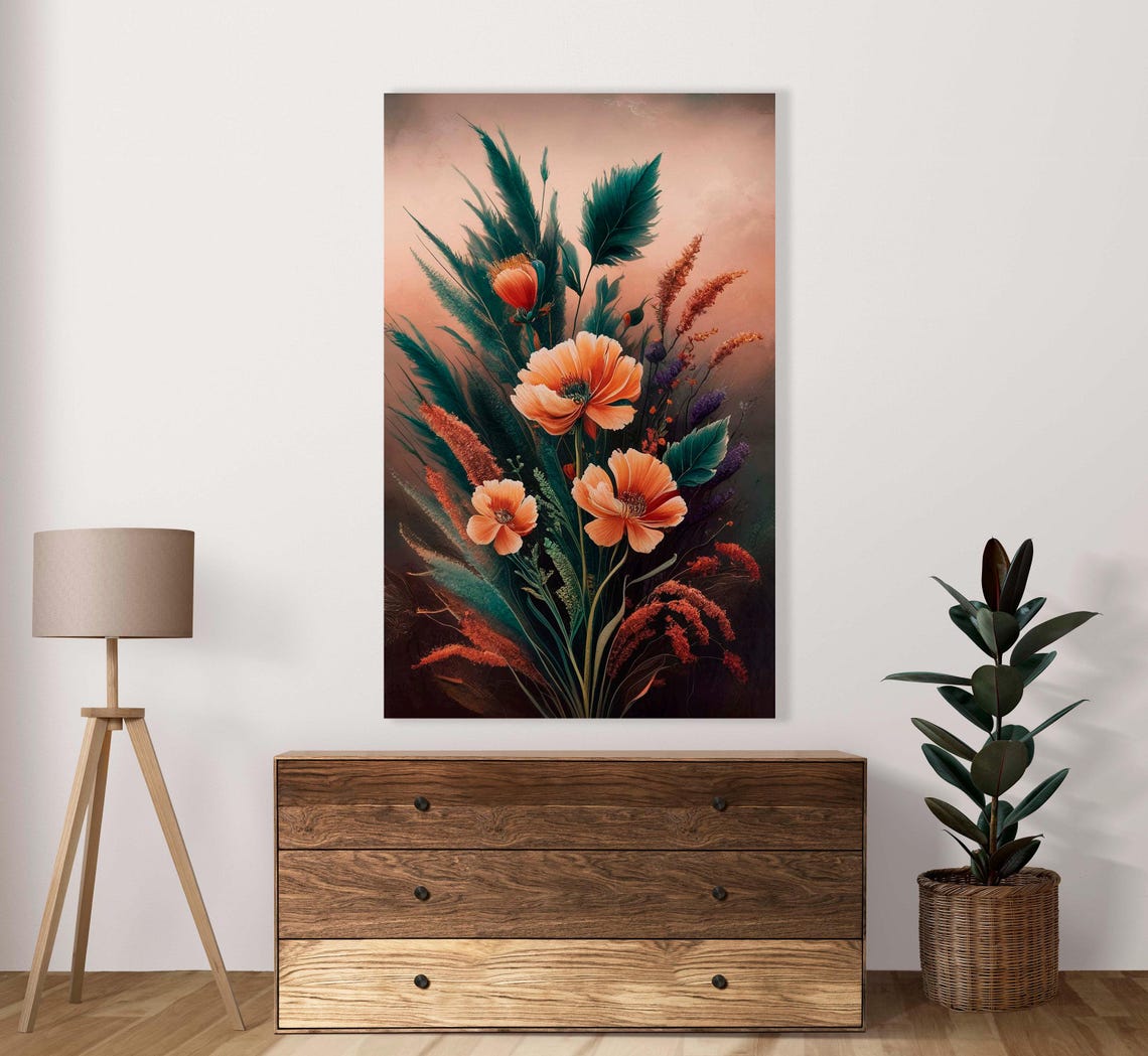 Sunset Poppy and Wild Grass Floral Bouquet Painterly Art Poster