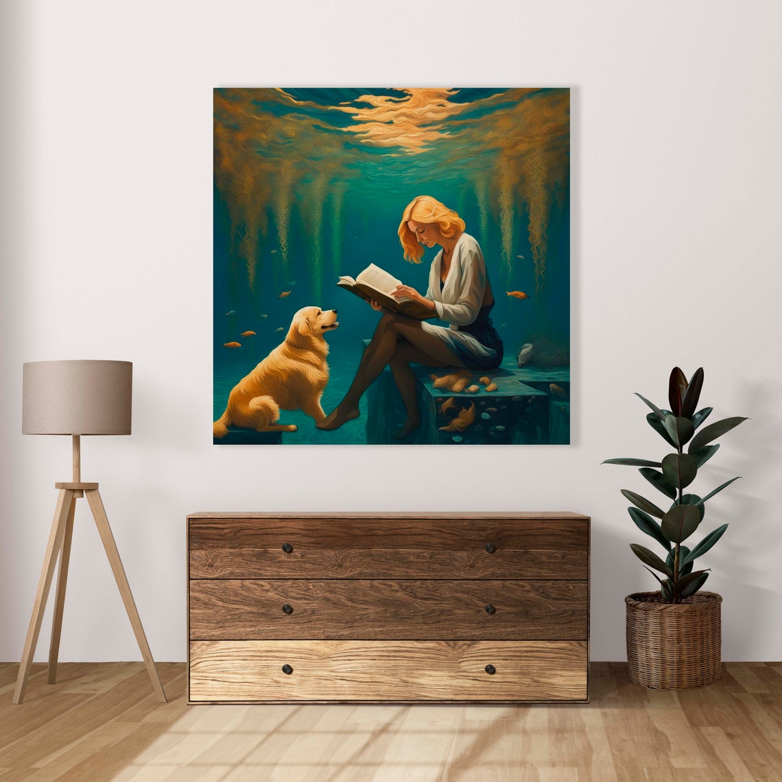 Woman Reading To A Golden Retriever Underwater Poster Of 1 Image Living Room Decoration Womens Day Art Womens Empowerment Art