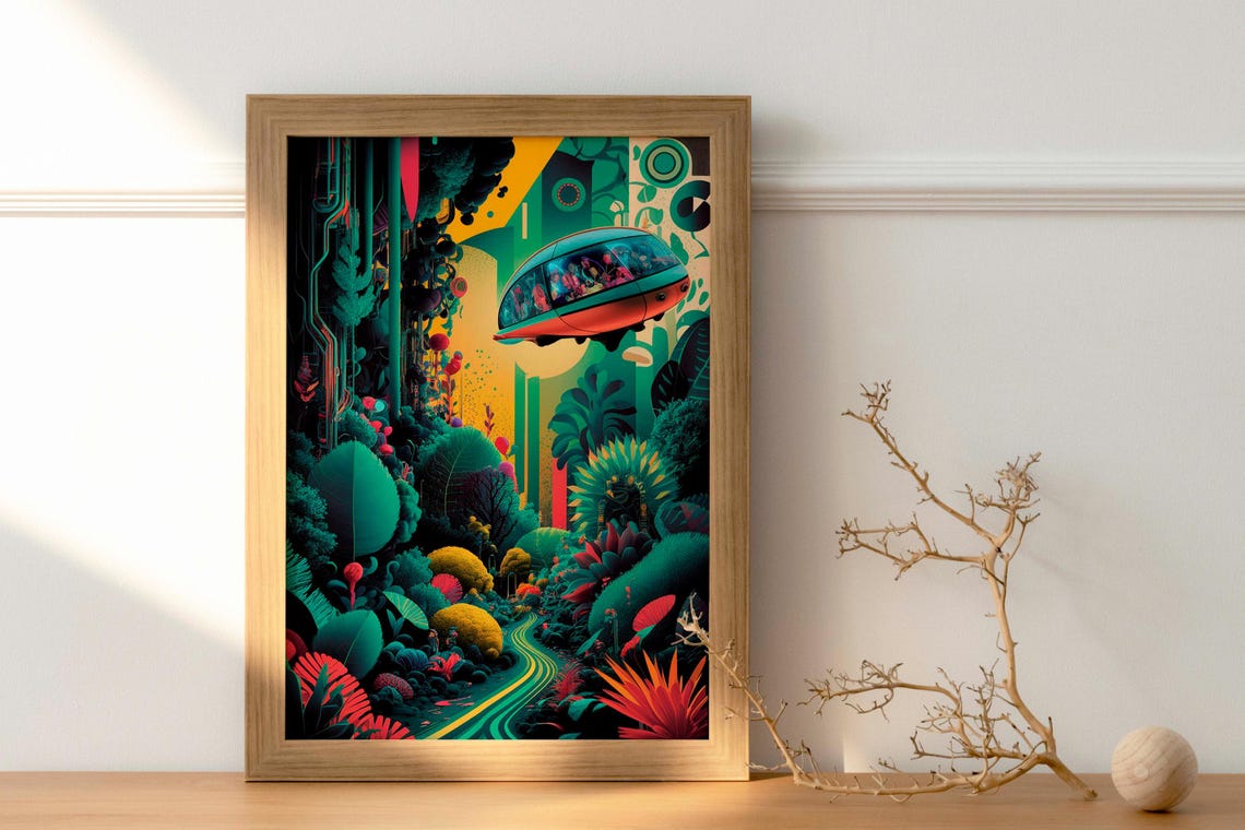 Flying Saucer Over Alien Jungle Retro Futuristic Sci Fi Poster - Image 2