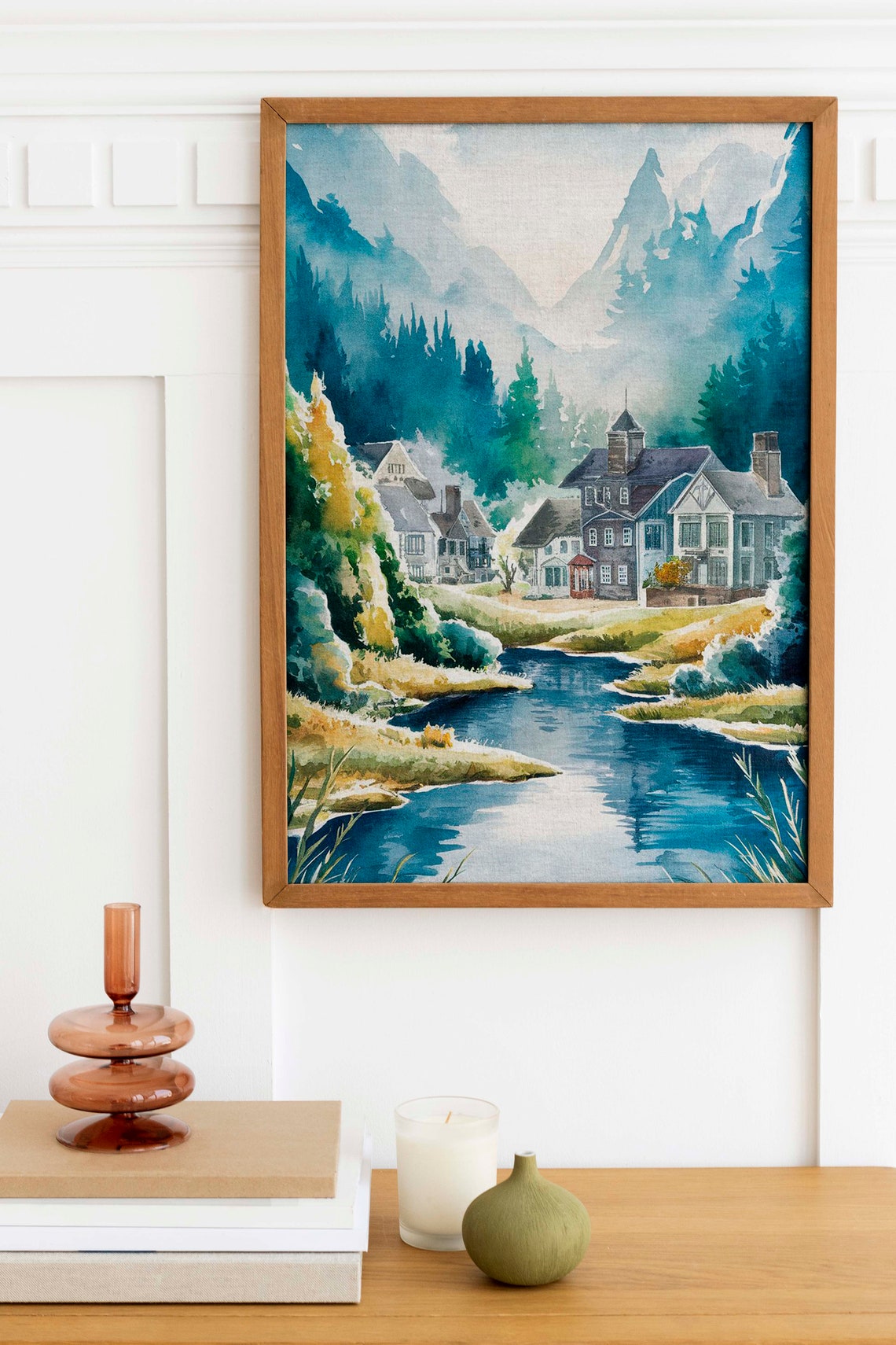 Mountain Village By A Blue River Watercolor Landscape Poster - Image 2