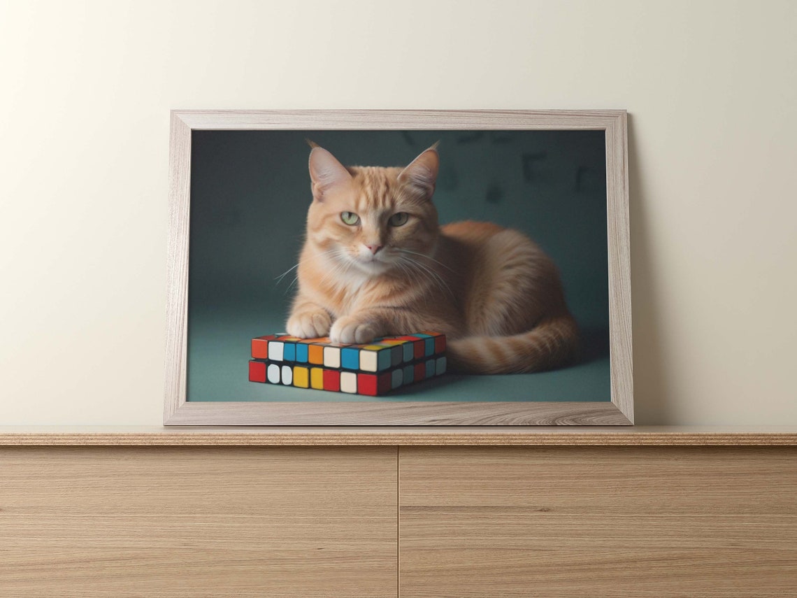 Serious Orange Tabby Cat With Rubiks Cube Moody Dark Green Art Poster - Image 2