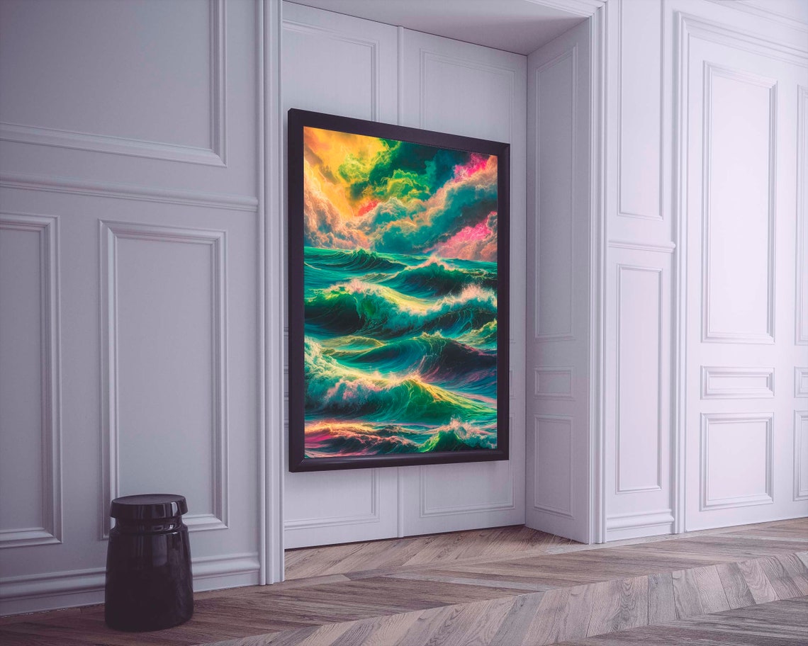 Vivid Stormy Ocean Waves Colorful Sunset Tall Canvas Art Poster - Image 2