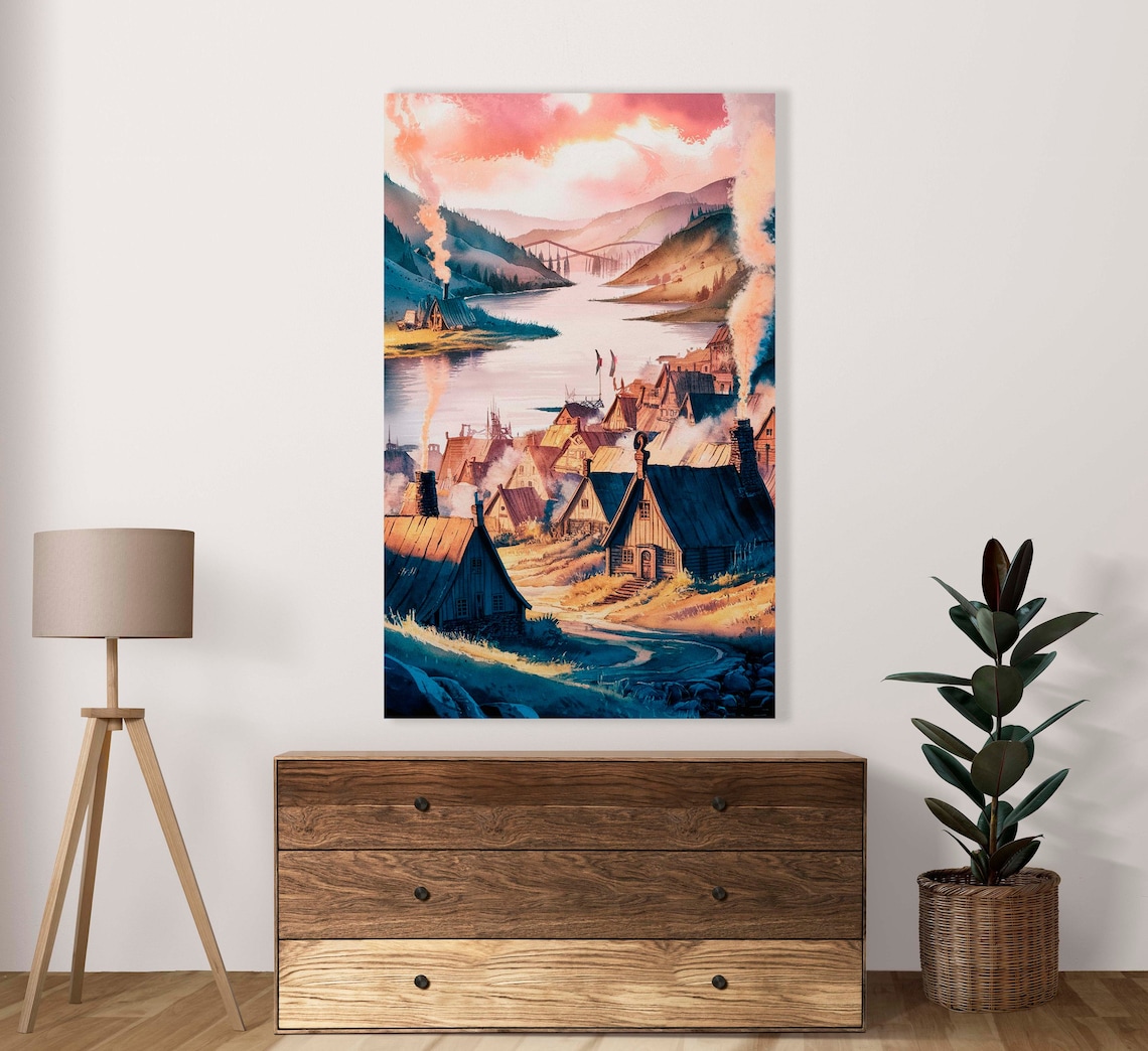 Viking-Style Riverside Village At Sunset With Wooden Houses Poster