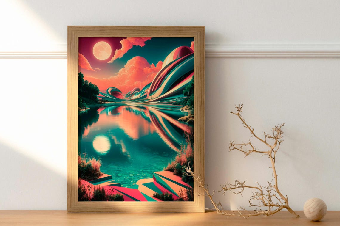 Lake Landscape In Pink Tones Poster Set Of 1 Jpg Image Natura Art Decor Commercial Use Two Moons City Electric Colors Calm Lake Art - Image 2