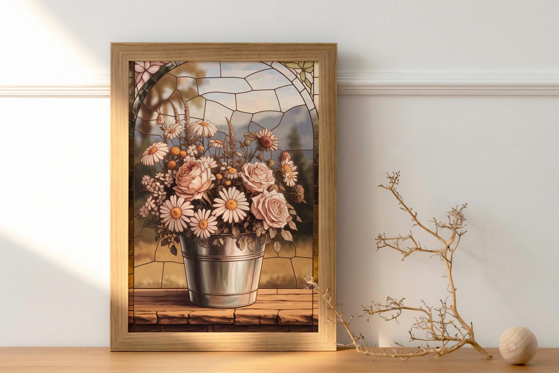 White Daisies and Roses Wildflower Bucket Stained Glass Poster - Image 2
