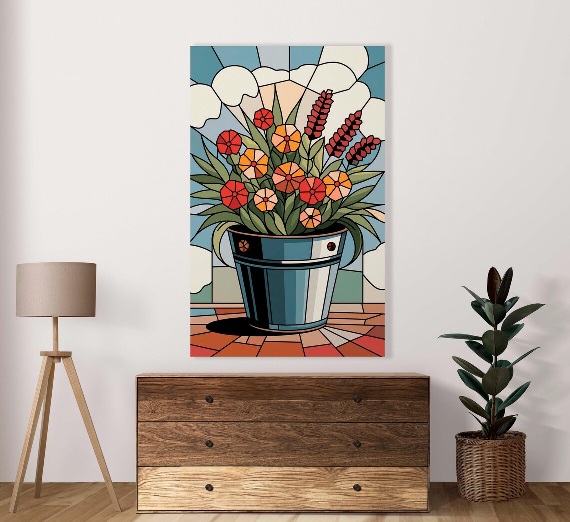 Red and Orange Wildflower Bouquet Metal Bucket Stained Glass Poster