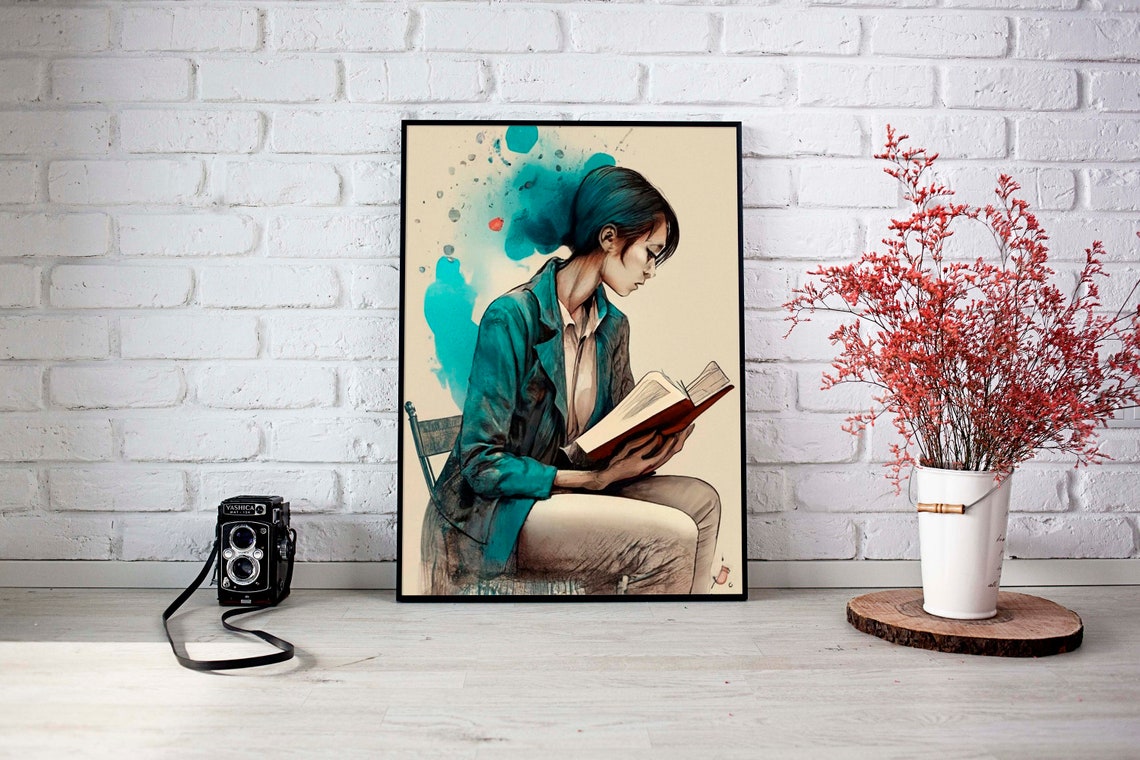 Watercolor Woman Reading Book Lost In Pages Portrait Art Print - Image 2